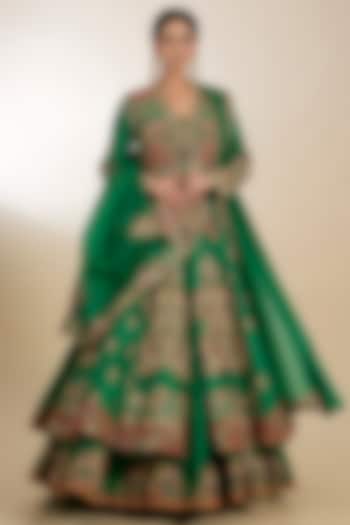 Green Chanderi Hand Embroidered Bridal Anarkali Set by Petticoat Lane at Pernia's Pop Up Shop
