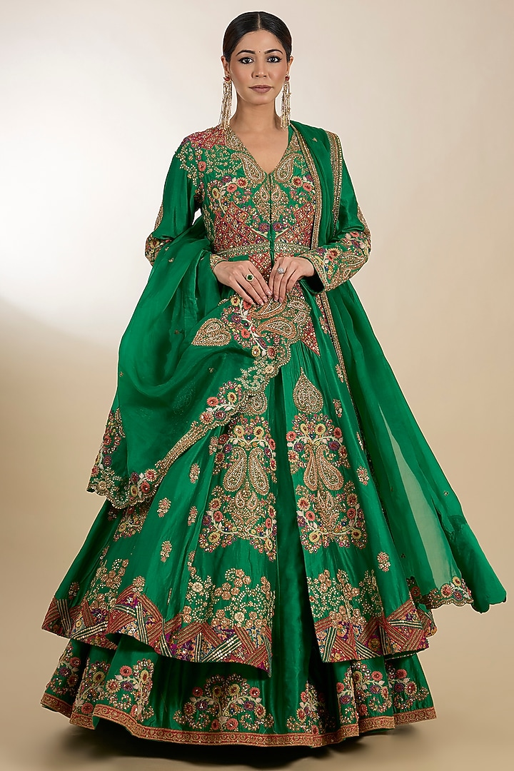 Green Chanderi Hand Embroidered Bridal Anarkali Set by Petticoat Lane at Pernia's Pop Up Shop