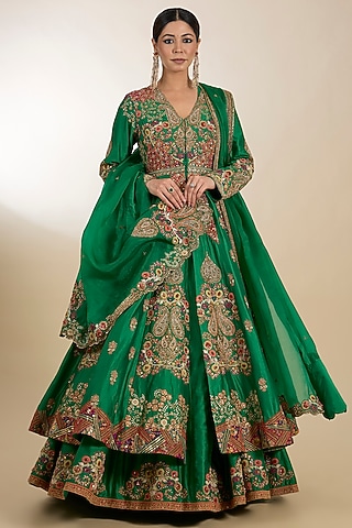 Green Chanderi Hand Embroidered Anarkali Set by Petticoat Lane