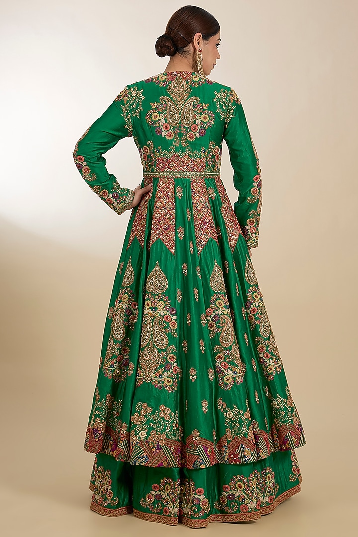 Green Chanderi Hand Embroidered Bridal Anarkali Set by Petticoat Lane at Pernia's Pop Up Shop