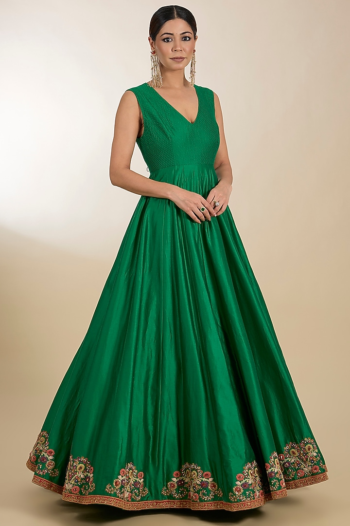 Green Chanderi Hand Embroidered Bridal Anarkali Set by Petticoat Lane at Pernia's Pop Up Shop