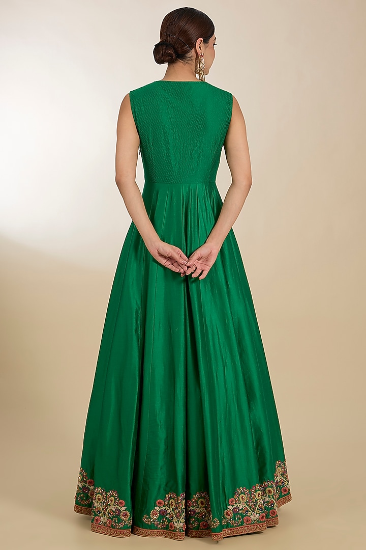 Green Chanderi Hand Embroidered Bridal Anarkali Set by Petticoat Lane at Pernia's Pop Up Shop