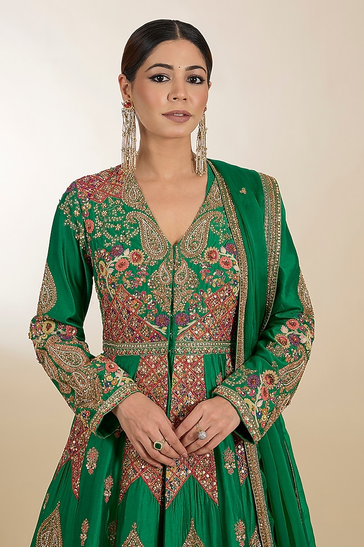 Green Chanderi Hand Embroidered Bridal Anarkali Set by Petticoat Lane at Pernia's Pop Up Shop