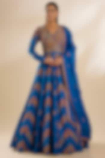 Blue Chanderi & Organza Embroidered Bridal Anarkali Set by Petticoat Lane at Pernia's Pop Up Shop