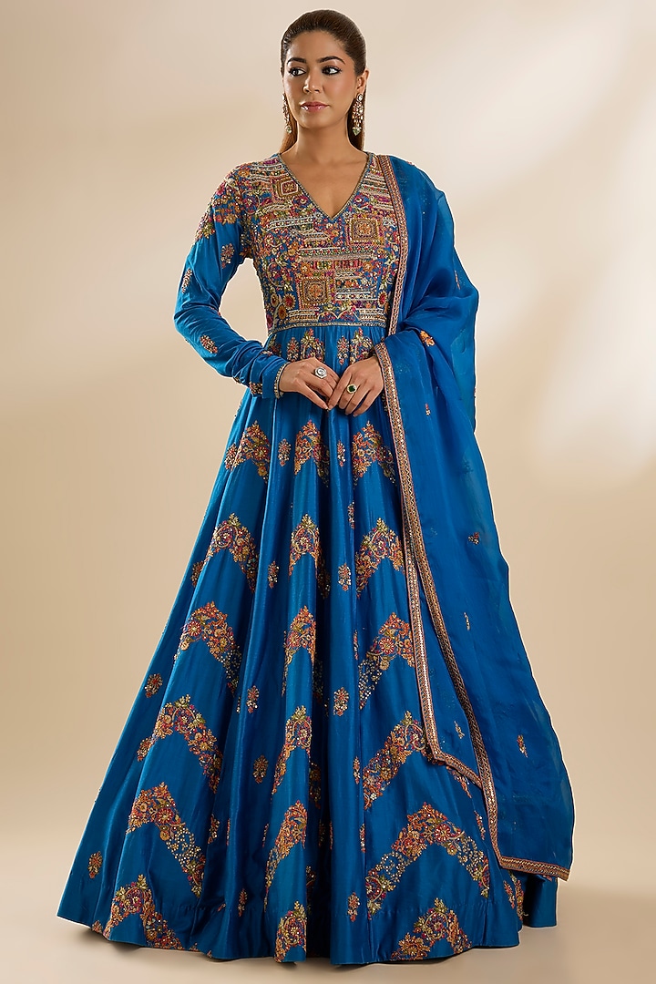 Blue Chanderi & Organza Embroidered Bridal Anarkali Set by Petticoat Lane at Pernia's Pop Up Shop