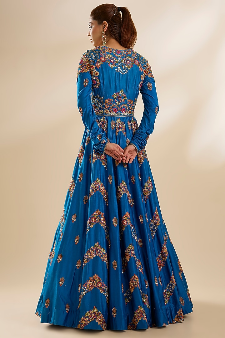 Blue Chanderi & Organza Embroidered Bridal Anarkali Set by Petticoat Lane at Pernia's Pop Up Shop