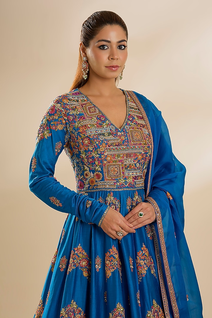 Blue Chanderi & Organza Embroidered Bridal Anarkali Set by Petticoat Lane at Pernia's Pop Up Shop