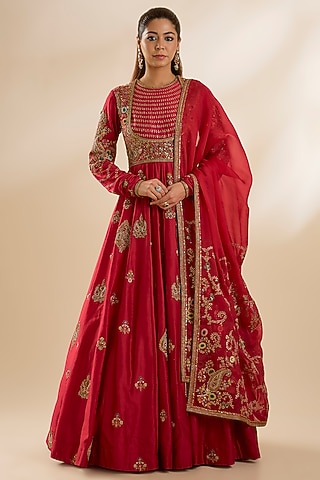 Red Chanderi & Organza Embroidered Anarkali Set by Petticoat Lane