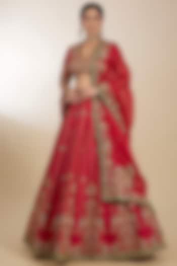 Red Chanderi Hand Embroidered Kali Bridal Lehenga Set by Petticoat Lane at Pernia's Pop Up Shop