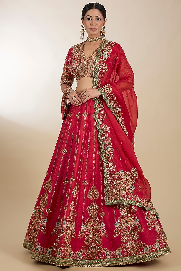 Red Chanderi Hand Embroidered Kali Bridal Lehenga Set by Petticoat Lane at Pernia's Pop Up Shop
