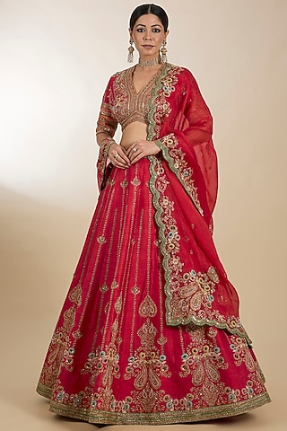Red Chanderi Hand Embroidered Kali Lehenga Set by petticoat lane