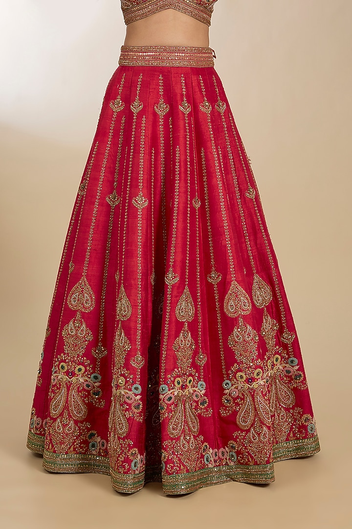 Red Chanderi Hand Embroidered Kali Bridal Lehenga Set by Petticoat Lane at Pernia's Pop Up Shop