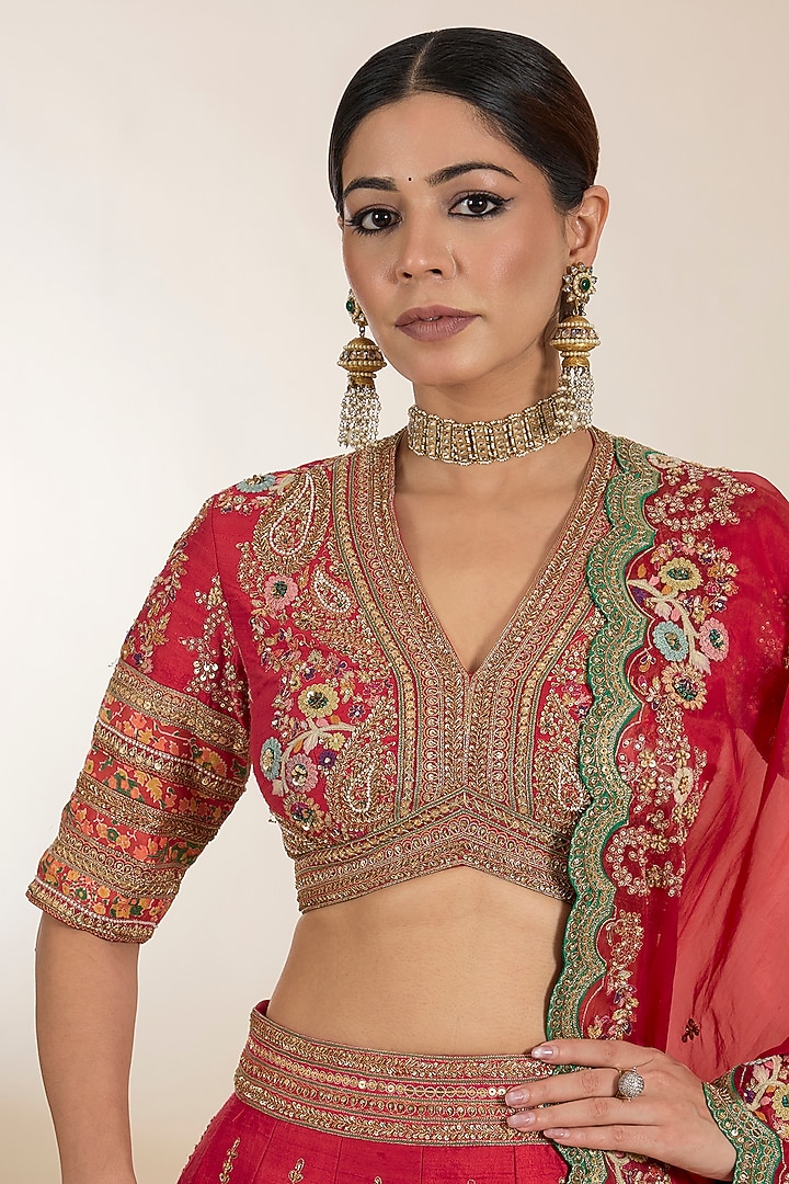 Red Chanderi Hand Embroidered Kali Bridal Lehenga Set by Petticoat Lane at Pernia's Pop Up Shop