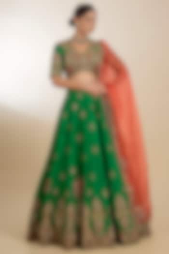 Green Chanderi Boota Embroidered Bridal Lehenga Set by Petticoat Lane at Pernia's Pop Up Shop