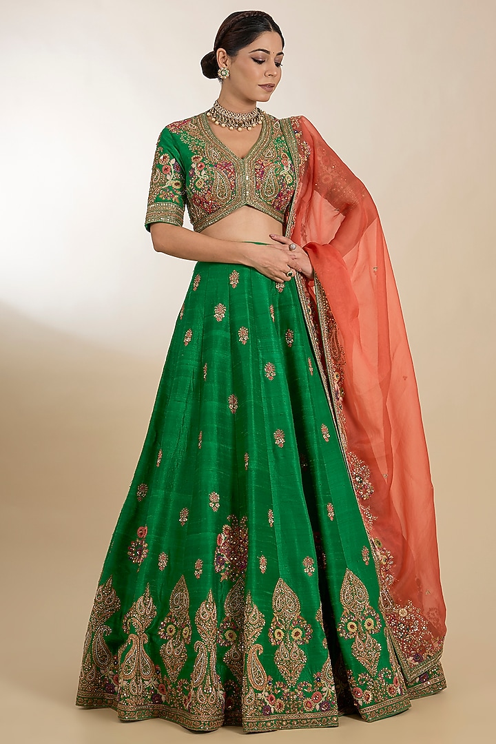 Green Chanderi Boota Embroidered Bridal Lehenga Set by Petticoat Lane at Pernia's Pop Up Shop