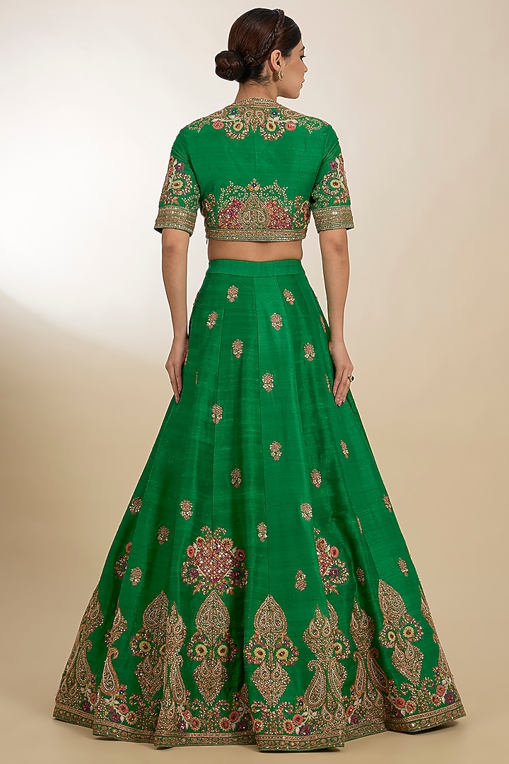 Green Chanderi Boota Embroidered Bridal Lehenga Set by Petticoat Lane at Pernia's Pop Up Shop