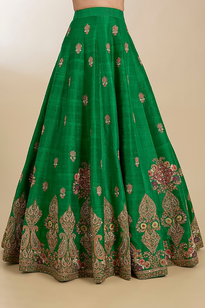 Green Chanderi Boota Embroidered Bridal Lehenga Set by Petticoat Lane at Pernia's Pop Up Shop