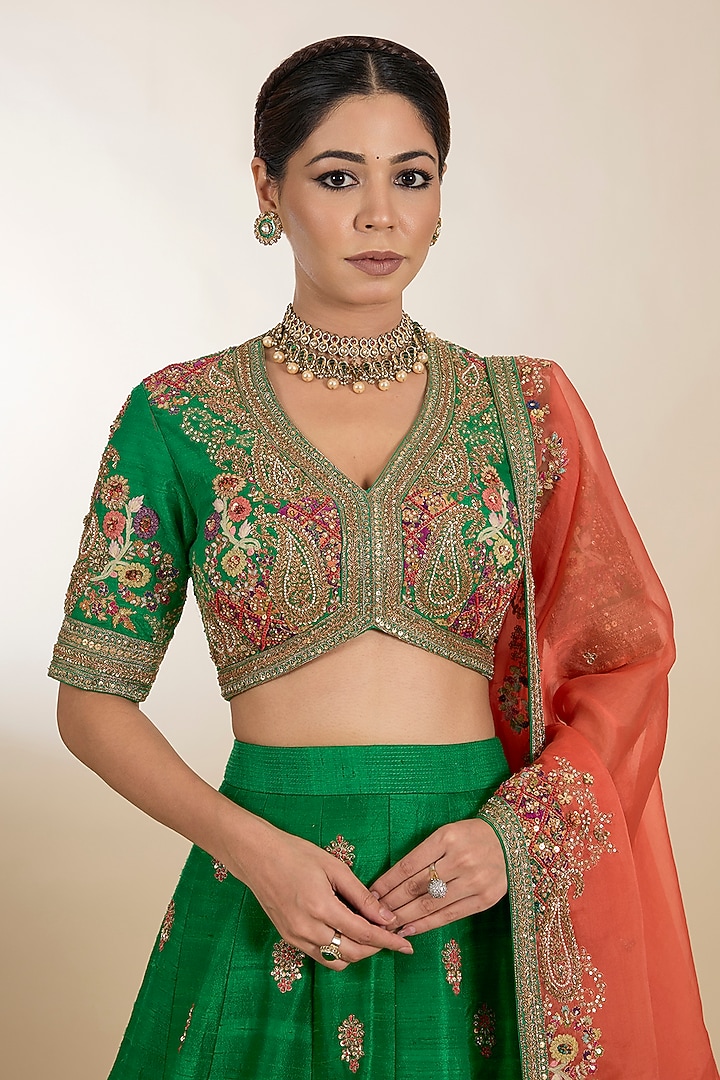 Green Chanderi Boota Embroidered Bridal Lehenga Set by Petticoat Lane at Pernia's Pop Up Shop