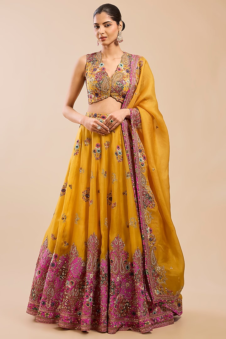 Yellow Organza Kalidar Bridal Lehenga Set by Petticoat Lane at Pernia's Pop Up Shop