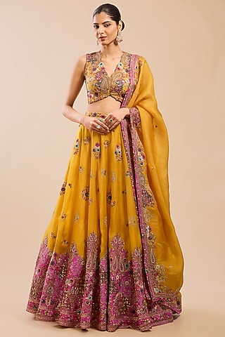 Yellow Organza Kalidar Lehenga Set by Petticoat Lane