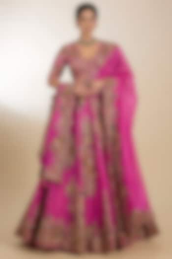 Fuchsia Organza Hand Embroidered Kali Bridal Lehenga Set by Petticoat Lane at Pernia's Pop Up Shop