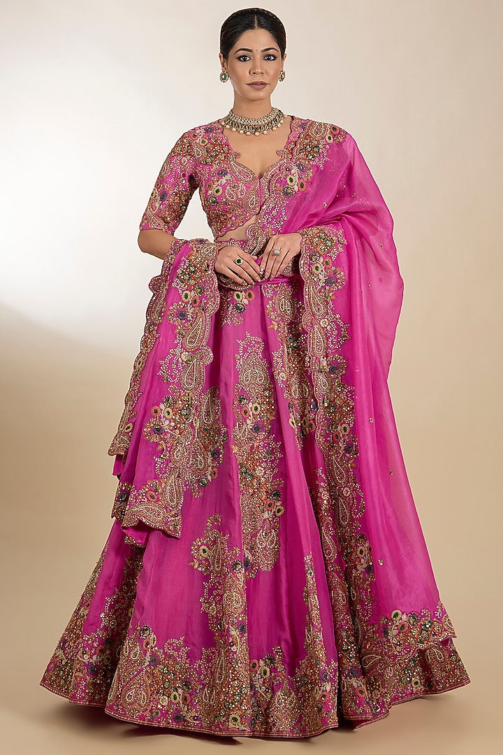 Fuchsia Organza Hand Embroidered Kali Bridal Lehenga Set by Petticoat Lane at Pernia's Pop Up Shop
