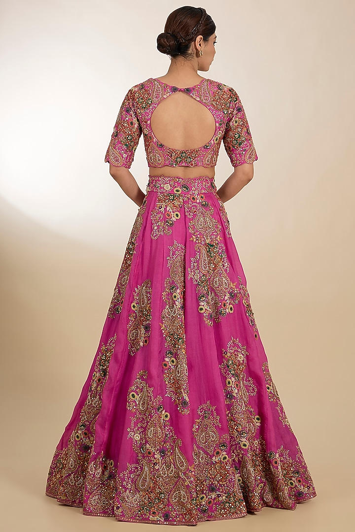 Fuchsia Organza Hand Embroidered Kali Bridal Lehenga Set by Petticoat Lane at Pernia's Pop Up Shop