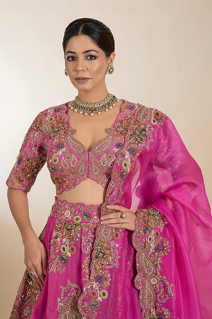 Fuchsia Organza Hand Embroidered Kali Bridal Lehenga Set by Petticoat Lane at Pernia's Pop Up Shop