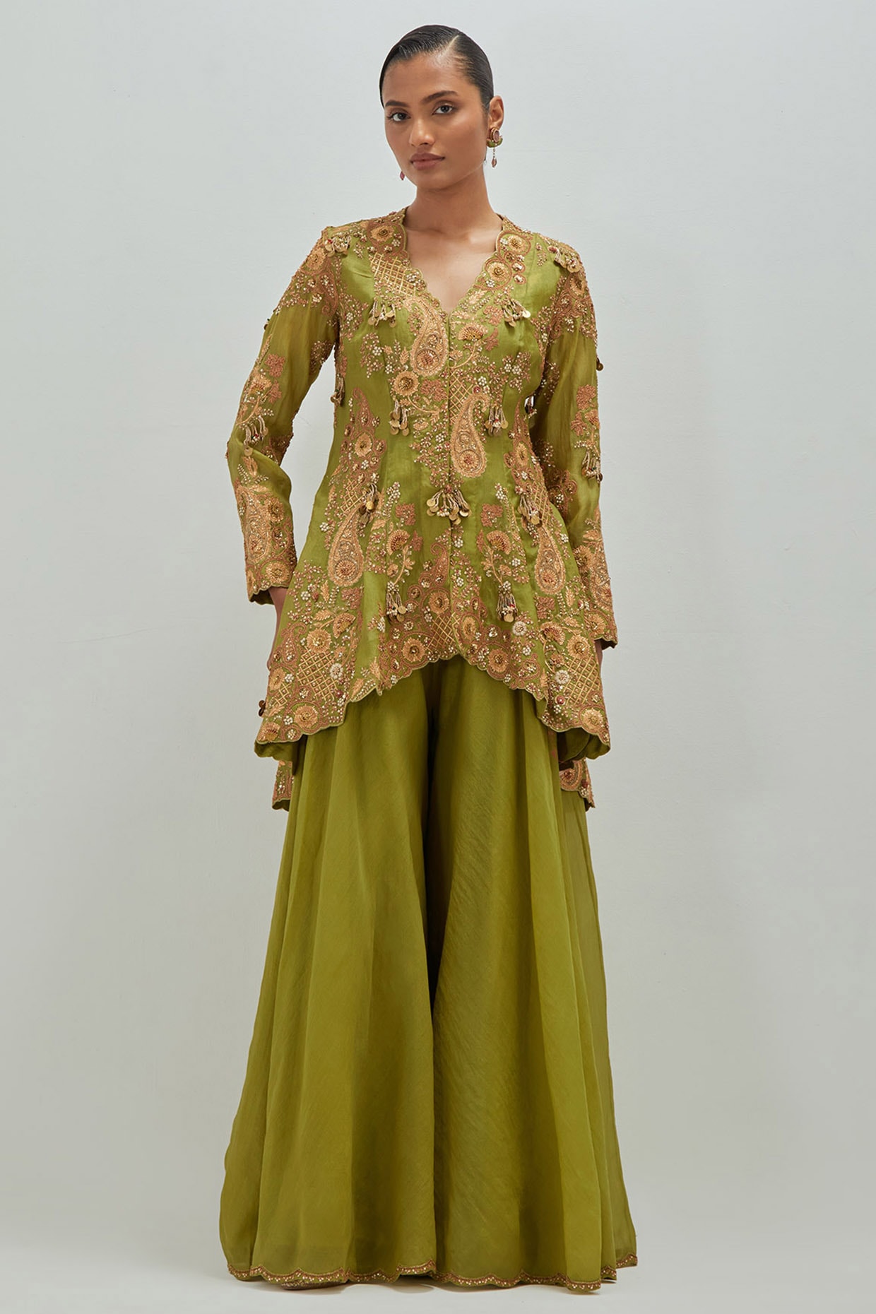 Petticoat Lane Mehendi Green Chanderi Embroidered Peplum Kurta Set