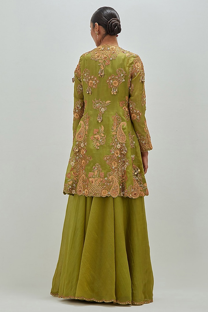 Mehendi Green Chanderi Embroidered Peplum Kurta Set by Petticoat Lane at Pernia's Pop Up Shop