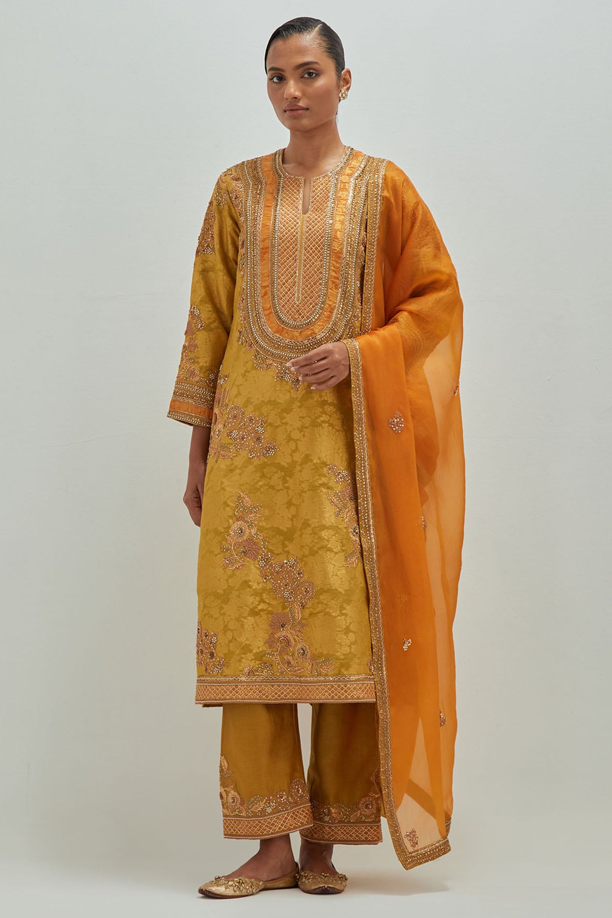 Petticoat Lane Mehendi Green Chanderi Embroidered A-Line Kurta Set