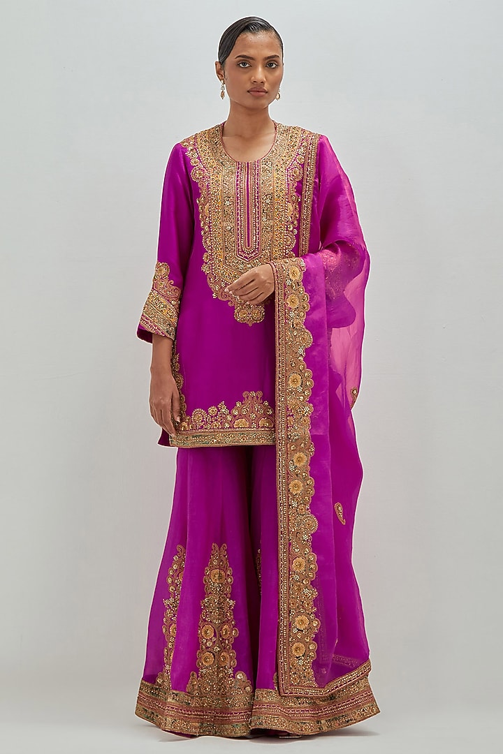 Hot Pink Chanderi Embroidered A-Line Kurta Set by Petticoat Lane at Pernia's Pop Up Shop