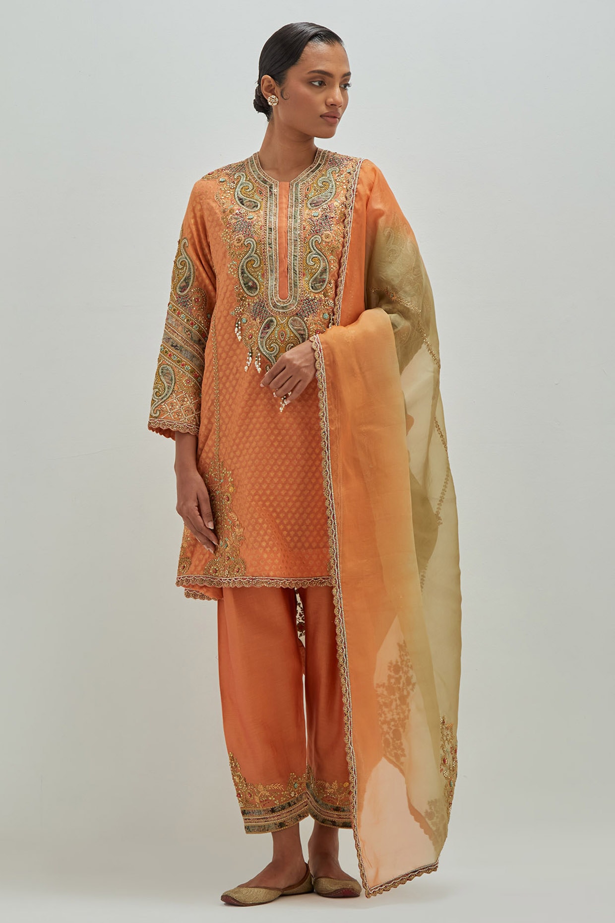 Petticoat Lane Orange Brocade Patchwork Kurta Set