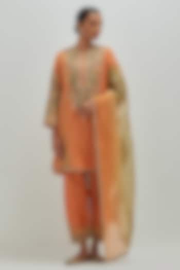 Orange Brocade Patchwork Kurta Set by Petticoat Lane at Pernia's Pop Up Shop
