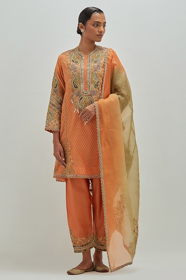 Orange Brocade Patchwork Kurta Set by Petticoat Lane at Pernia's Pop Up Shop