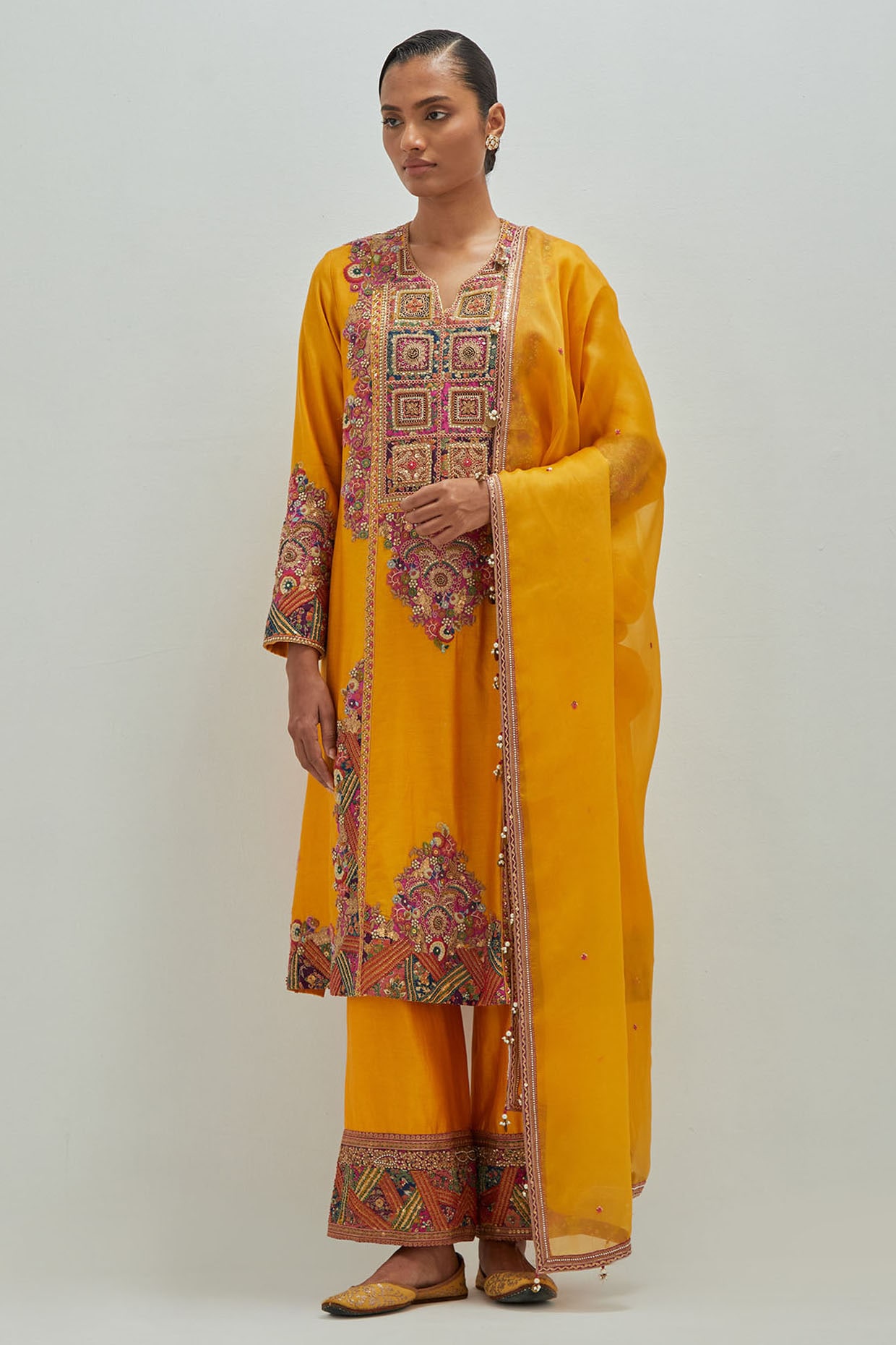 Petticoat Lane Mustard Chanderi Patchwork A-Line Kurta Set