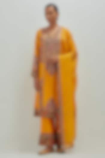 Mustard Chanderi Patchwork A-Line Kurta Set by Petticoat Lane at Pernia's Pop Up Shop