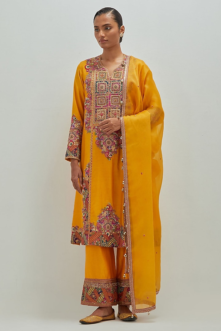 Mustard Chanderi Patchwork A-Line Kurta Set by Petticoat Lane at Pernia's Pop Up Shop