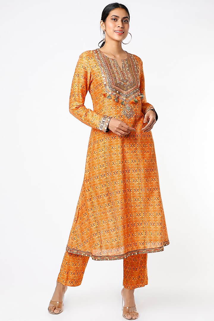 Orange Chanderi Kurta Set by Petticoat Lane