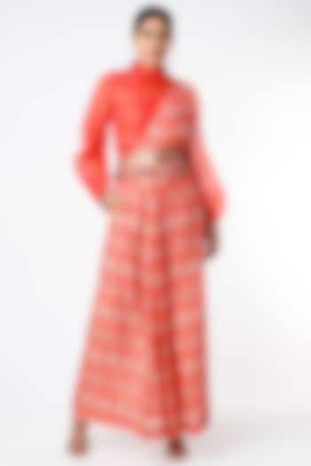 Red Chanderi Draped Saree Set by Petticoat Lane
