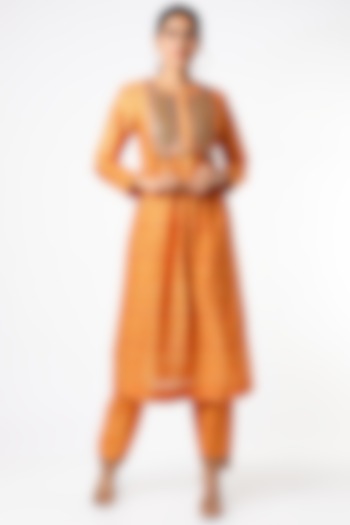 Orange Chanderi Gathered Kurta Set by Petticoat Lane