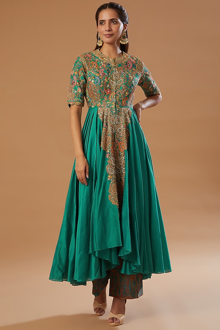 Green Embroidered Kalidar Anarkali Set by Petticoat Lane