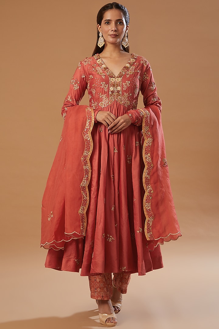 Rust Embroidered Kalidar Anarkali Set by Petticoat Lane