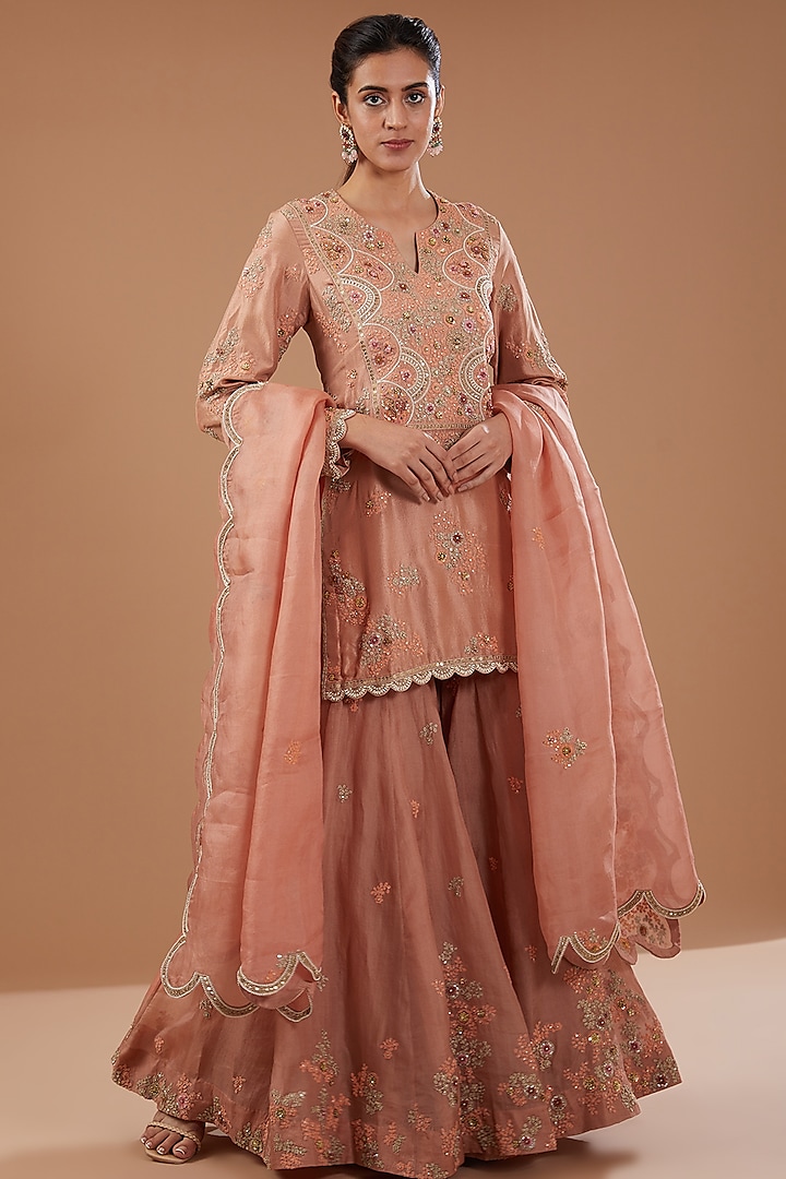 Peach Organza Shimmer Dori Embroidered Sharara Set by Petticoat Lane at Pernia's Pop Up Shop