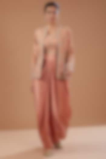 Peach Satin Draped Skirt Set by Petticoat Lane at Pernia's Pop Up Shop