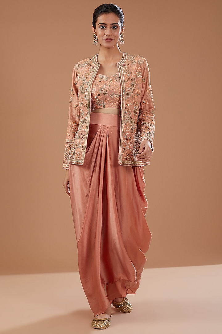 Peach Satin Draped Skirt Set by Petticoat Lane at Pernia's Pop Up Shop