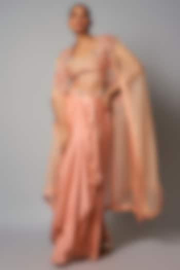 Peach Organza Hand & Machine Embroidered Cape Set by Petticoat Lane at Pernia's Pop Up Shop