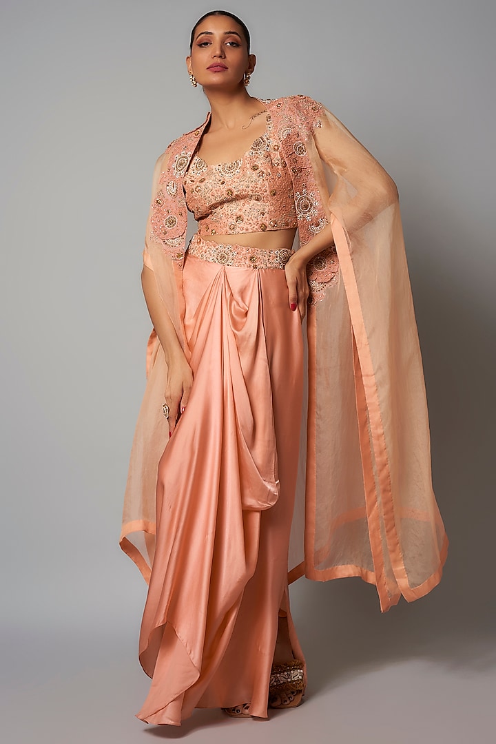 Peach Organza Hand & Machine Embroidered Cape Set by Petticoat Lane at Pernia's Pop Up Shop