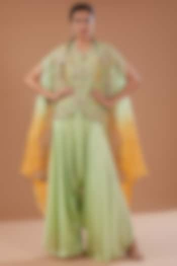 Green Organza Shimmer Dori Embroidered Cape Set by Petticoat Lane at Pernia's Pop Up Shop