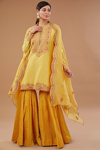 Yellow Brocade Sharara Set by Petticoat Lane